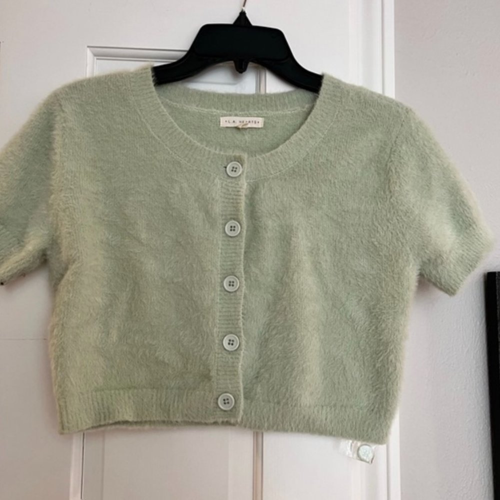 Pacsun LA Hearts fuzzy short sleeve sage green cardigan/sweater Size MEDIUM